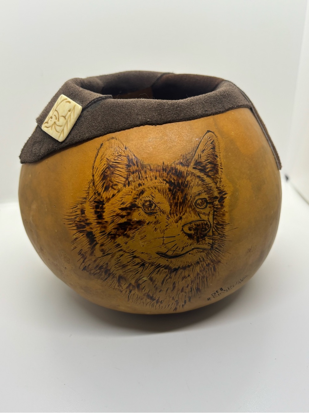 Deb Remsburg Handcrafted Folk Art Wolf Gourd Bowl w/ Brown Suede Trim